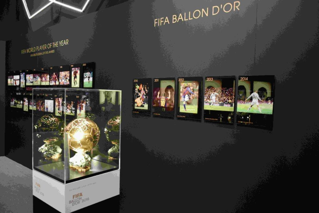 the iconic FIFA Ballon d'Or 2023 trophy at FIFA Museum Zurich. FIFA Ballon d'Or 2023 awards will be announced on 30 Oct 2023. Messi likely to win