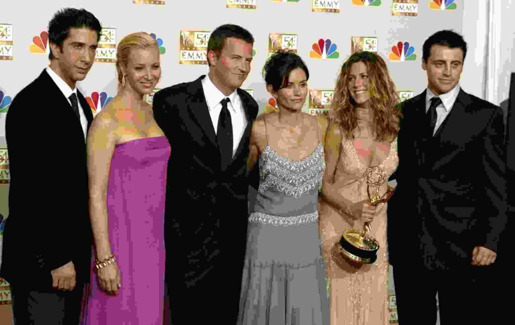 The cast of "Friends" at the Emmy Awards in 2002. David Schwimmer, Lisa Kudrow, Matthew Perry, Courteney Cox Arquette, Jennifer Aniston and Matt LeBlanc.