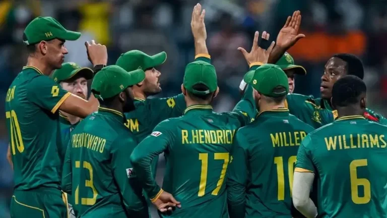 South Africa cricket team celebrating win over Bangladesh in ICC World Cup 2023