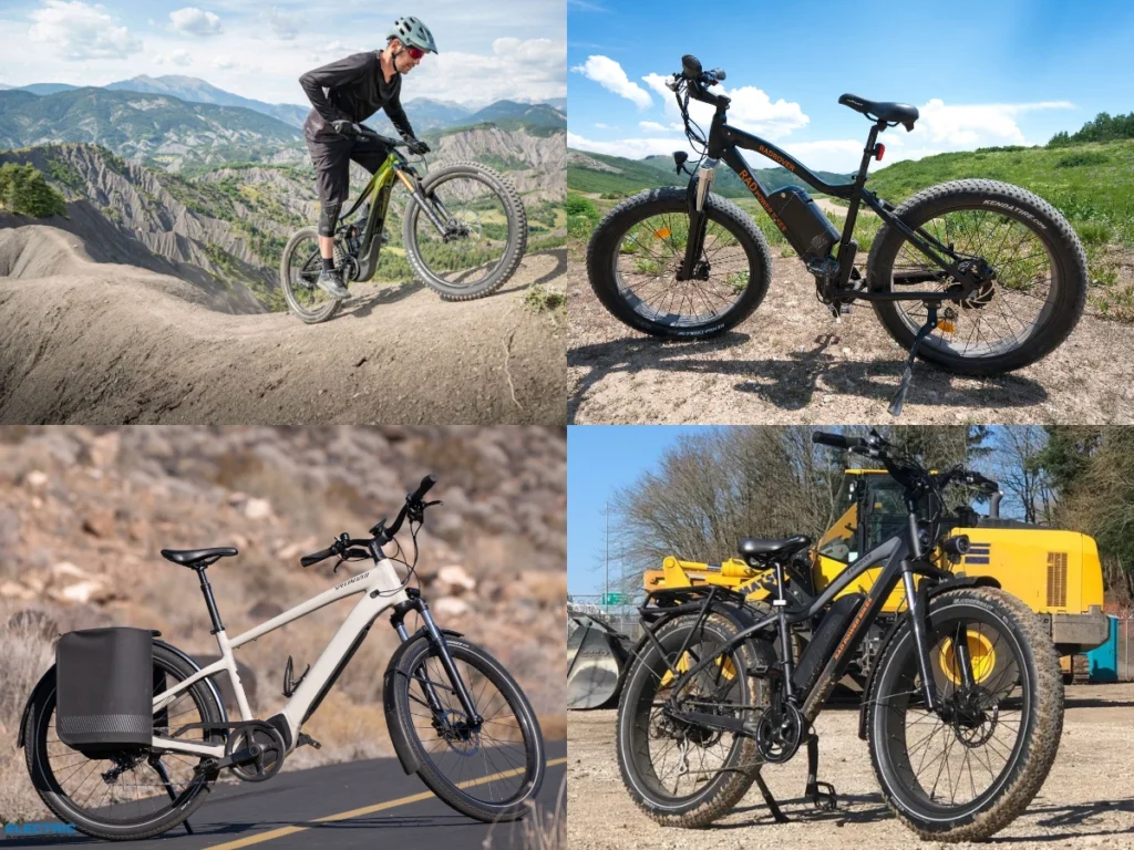 Collage showcasing city, mountain, folding, and hybrid electric bikes.