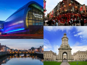 Collage of Best Places in Dublin, Dublin Airport, Trinity College, Temple Bar, Smithfield